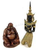 Wood Happy Buddha & Metal Praying Bodhisattva