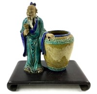 Chinese Mudman Figure Vase W/ Wood Base