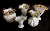 (5) Fenton Gold Crest Milk Crest Ruffled Vases