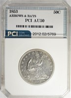 1853 A&R SEATED HALF DOLLAR, PCI AU