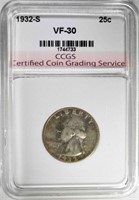 1932-S WASHINGTON QUARTER, CCGS VF