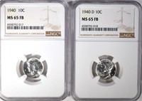 1940 & 1940-D MERCURY DIMES, NGC MS-65 FB