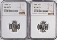 1936 & 44-D MERCURY DIMES, NGC MS-66 FB