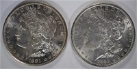 1881-S & 1889 MORGAN SILVER DOLLARS, CH BU