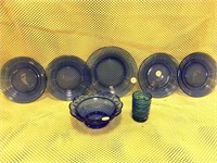 Cobalt Blue glass plates, bowl & candle holder