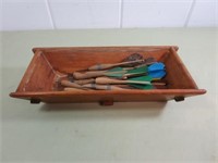 Wood and a Few Plastic Darts in Wood Tray