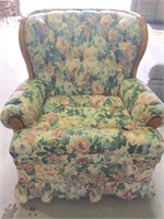 Flower upholstery tufted back chair,  wood trim