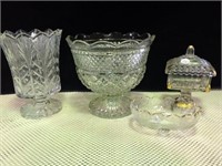 Glass covered candy, vase & fruit bowl