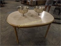WOODEN OVAL SHAPED TABLE & 2 FOOTED SILVER BOWLS