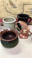 Roseville pottery vase, white crock, green &