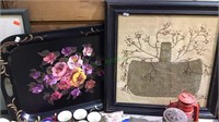 Framed stitched basket & painted tray, (420)