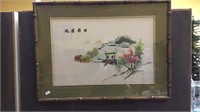 Bamboo framed stitched Chinese  scene on silk,