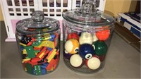 Kitchen storage jars, one has a set of billiard