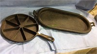 Cast iron divided skillet & large oval iron tray