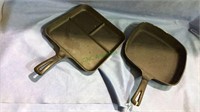 Two square cast iron skillets, one Wagner Ware