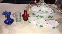 Vintage ivy punch bowl set and three decorative