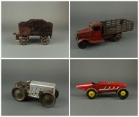 Group of tin and metal cars and carts