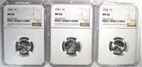3-1943 LINCOLN "STEEL" CENTS, NGC MS-66