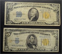 1934-A SILVER CERTS: $5 & $10 N. AFRICA NICE CIRCS