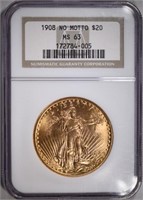 1908 NO MOTTO $20 ST. GAUDENS GOLD NGC MS 63