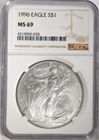1996 AMERICAN SILVER EAGLE, NGC MS-69