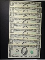 9-1988-A $10.00 NOTES IN SEQUENCE, GEM UNC