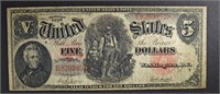 1907 $5.00 U.S. NOTE "WOODCHOPPER"  F/VF