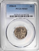 1936-D BUFFALO NICKEL, PCGS MS-65