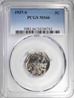 1937-S BUFFALO NICKEL, PCGS MS-66