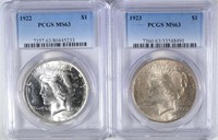 1922 & 1923 PEACE SILVER DOLLARS, PCGS MS-63