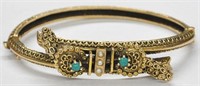 ANTIQUE 14K BANGLE WITH SEED PEARL AND TURQUOISE.