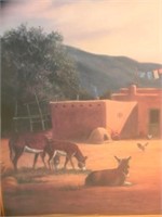 VINTAGE ART OLD MEXICAN PUEBLO HOME WITH DONKEYS