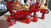 RED GLASSWARE BOWL, SALT & PEPPER SHAKER