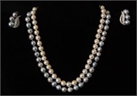 3 Pc Blue & White Pearl Necklace & Clip  Earrings