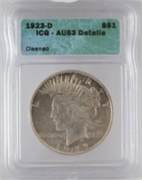 Liberty Silver Peace Dollar 1923 D - ICG-AU53