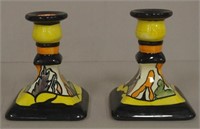 Pair Old Ellgreave Pottery candlesticks