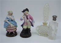 Two German ceramic figurines & 2 glass perfume