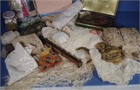 Box of antique lace, beads collars & shawl