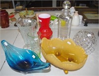 Seven assorted glass vases, decanter, shade