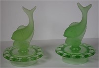 Two green depression glass fish centre pieces