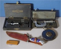 Two cased micrometers, a measuring tape