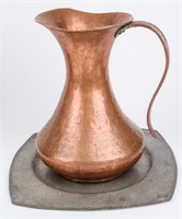 Antique 1930 Hammered Pewter Tray & Copper Pitcher