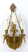 FRENCH BRASS 3-LIGHT SCONCE w LIMOGES PLAQUE