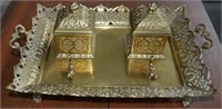 Ornate Footed Brass Inkwell with Quill Stand