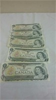 Five 1973 Canada One Dollar Bank Notes
