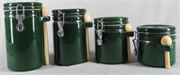 Set of 4 Dark Green Canisters, w/ Wooden Spoons