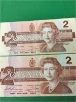 2 Of Canadian Two Dollar Bills Dated 1986