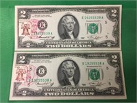 2x 1976 American Consecutive Numbered $2 Bills