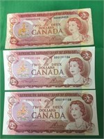 3 Canadian Tow Dollar Bills Dated 1974 Signed