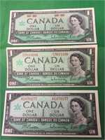 3 Canadian Centennial (1867-1967) One Dollar Bills